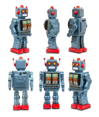Beyaz bir arka plan üzerinde izole vintage Teneke robot oyuncak açıları.