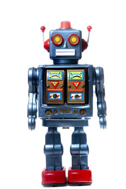 Beyaz arka planda izole edilmiş klasik bir robot oyuncak..