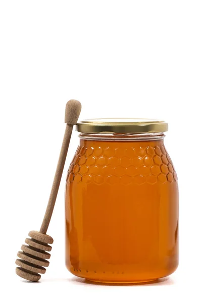 Close View Sweet Honey Jar Isolated White Background — Stok Foto