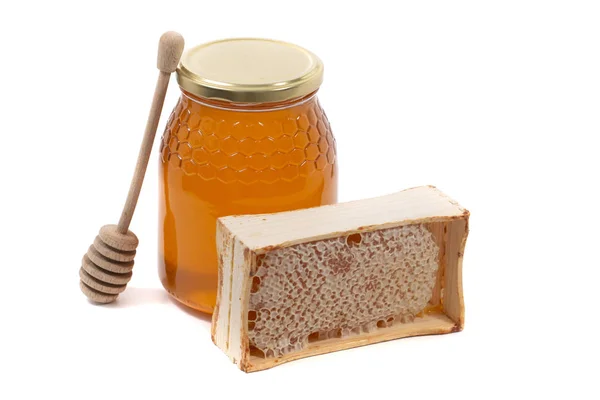 Close View Sweet Honey Jar Honeycomb Isolated White Background — Stok Foto