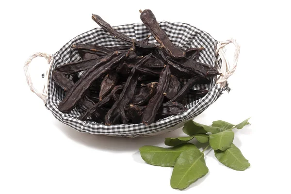 Close View Carob Fruits Leaves Isolated White Background — Stock Photo, Image