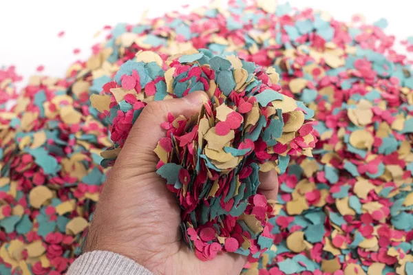 Hand Grabs Mix Colorful Confetti — Stock Photo, Image