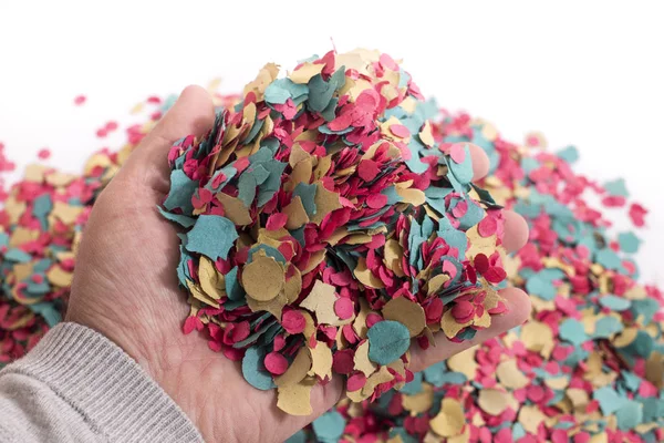 Hand Grabs Mix Colorful Confetti — Stock Photo, Image