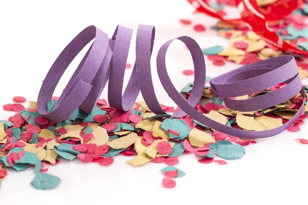 Mixed Colorful Confetti Streamers White Background — Stock Photo, Image