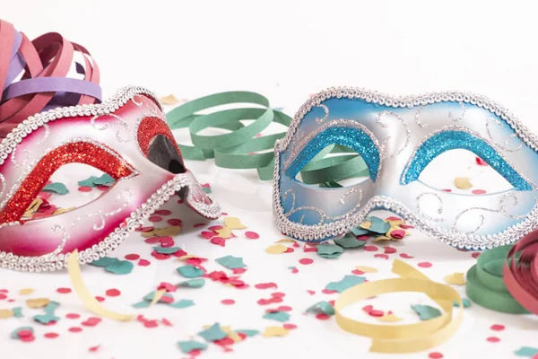 Carnival Venetian Masks Confetti Isolated White Background — Stock Photo, Image