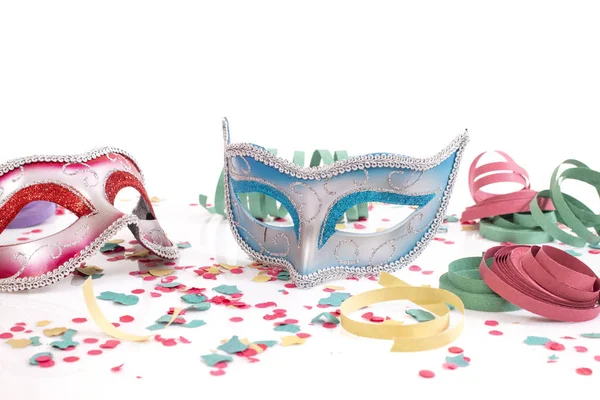 Carnival Venetian Masks Confetti Isolated White Background — Stock Photo, Image