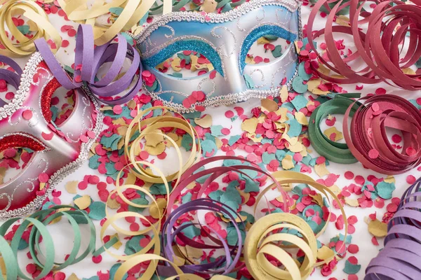 Carnival Venetian Masks Confetti Serpentine Streamers — Stock Photo, Image