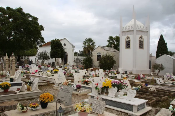 Cemitério com túmulos, criptas e flores — Fotografia de Stock