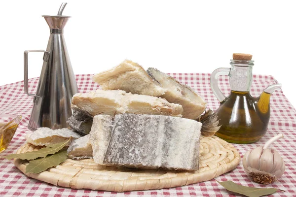 Salted codfish on table cloth — Stock Photo, Image