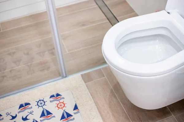 Nieuwe Witte Keramische Badkamer Toilet Met Tapijt — Stockfoto