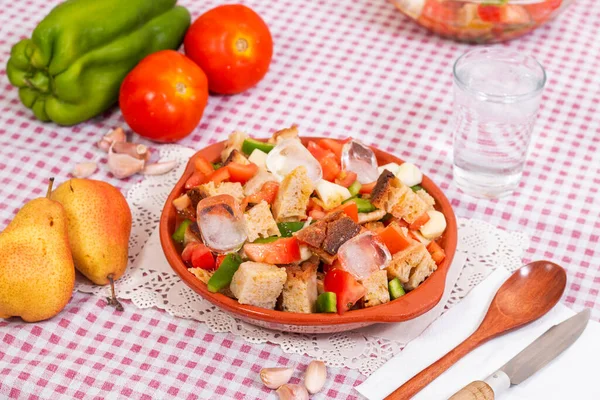 トマト ピーマン キュウリと典型的なポルトガルのガスパチョの食事 オリーブオイルとニンニクと冷たい水で味付け — ストック写真