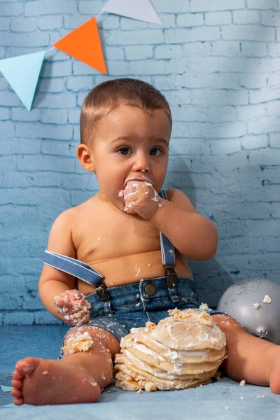 Party One Year Baby Boy Set Composed Balloons Ribbons Brick — Stock Photo, Image