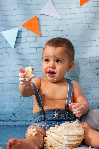 Party One Year Baby Boy Set Composed Balloons Ribbons Brick — Stock Photo, Image