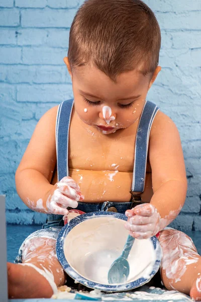 Party One Year Baby Boy Set Composed Ribbons Brick Wall — Stock Photo, Image