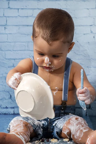 Party One Year Baby Boy Set Composed Ribbons Brick Wall — Stock Photo, Image