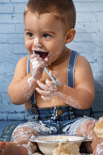 Party One Year Baby Boy Set Composed Ribbons Brick Wall — Stock Photo, Image