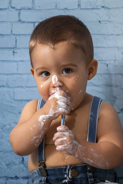 Party One Year Baby Boy Set Composed Ribbons Brick Wall — Stock Photo, Image