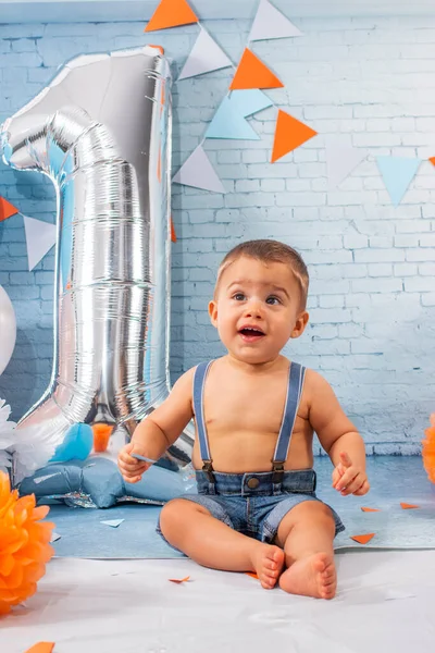 Fête Pour Bébé Garçon Avec Ensemble Composé Ballons Rubans Papier — Photo