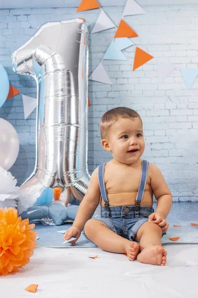 Festa Para Menino Ano Com Conjunto Composto Por Balões Fitas — Fotografia de Stock