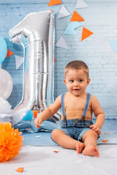 Fête Pour Bébé Garçon Avec Ensemble Composé Ballons Rubans Papier — Photo