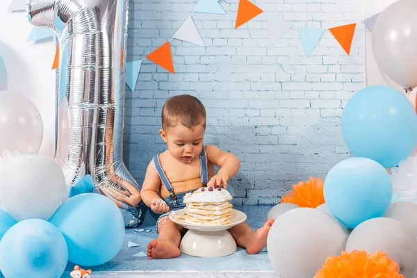 Fête Pour Bébé Garçon Avec Ensemble Composé Ballons Rubans Papier — Photo