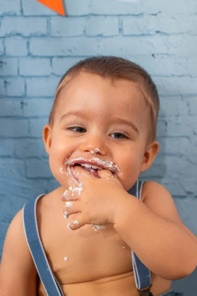 Festa Anno Bambino Con Set Composto Palloncini Nastri Carta Parati — Foto Stock