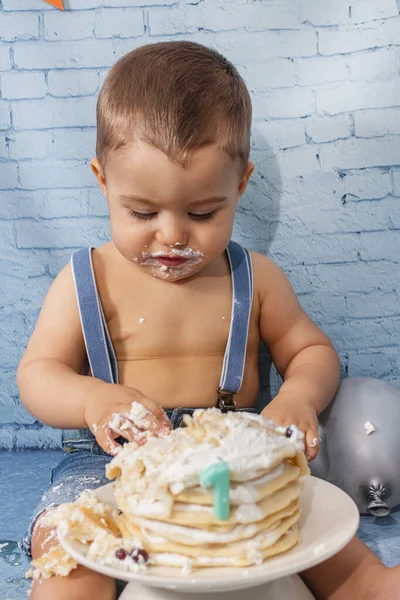 Party One Year Baby Boy Set Composed Balloons Ribbons Brick — Stock Photo, Image