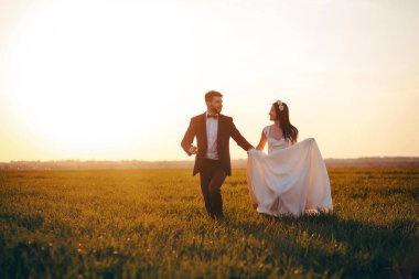 Yeni evliler el ele tutuşarak tarlada çalışan. Bir beyaz elbise ve şık damat, güzel günbatımı güzel kız.