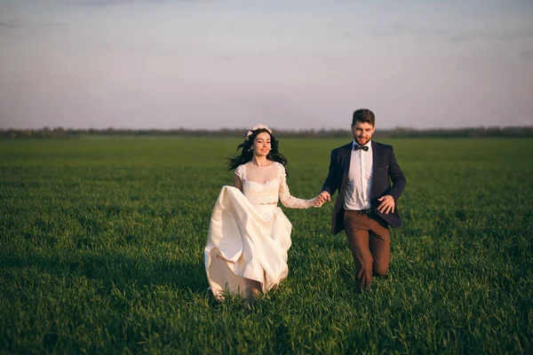 Gli Sposi Stanno Correndo Campo Tenendosi Mano Una Bella Ragazza — Foto Stock