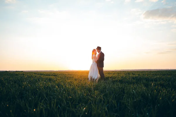 Fashionable groom and beautiful bride hugging in the field, sunset, the groom in the hat