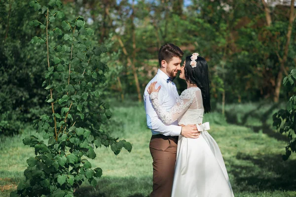 Romantikus érzelmeket, a mező a naplemente, a menyasszony, a vőlegény úgy néz ki a lány szereti a barátja — Stock Fotó