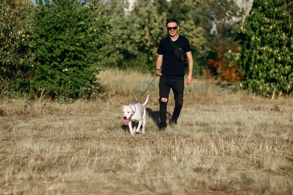 Ein Junger Mann Geht Mit Seinem Hund Park Spazieren Weiße — Stockfoto
