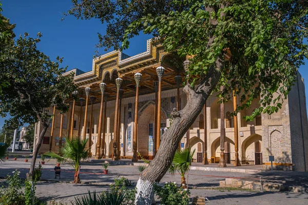 Bolo Haouz camiinin yan görüntüsü. Özbekistan 'ın Buhara kentindeki cami ağaçların arasından güneşli bir yaz günü manzarası izliyor. Orta Asya 'da eski bir bina. Ağaçların gölgesindeki cami..