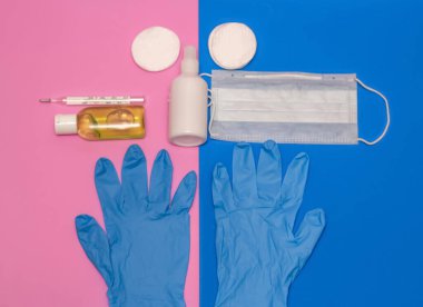 El antiseptiği, pamuk pedler, elektronik ve cıva termometre ve yüz maskesi.