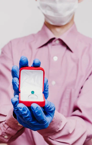 Man Medical Mask Gloves Engagement Ring — Stock Photo, Image