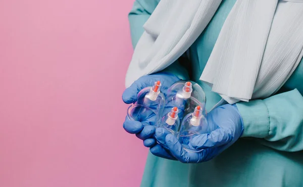 Girl Scarf Holds Her Hands Jars Hijama Vacuum Pumps Dropping — Stock Photo, Image