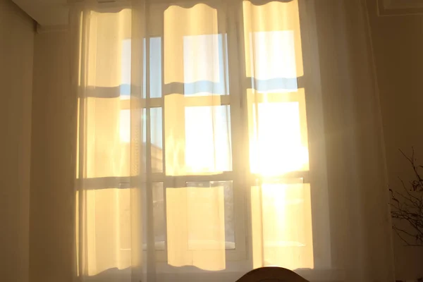 Window silhouette on the curtains. Rays of sunshine through a white curtain.