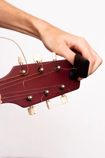 Afinador Guitarra Guitarra Madeira Sobre Fundo Branco Sintonia Guitarra Tipo — Fotografia de Stock