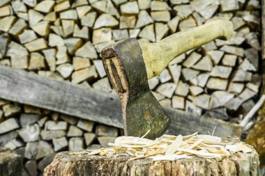 Eski balta bir güdük zemin woodpile, seçici odak, yakın çekim arka plan karşı içinde sıkışmış