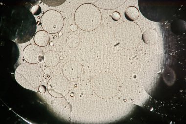 arasındaki etkileşimin su ve yağ, yağ kabarcıklar su yüzeyinde renkli irili ufaklı makro arka plan yumuşak defocusing ile soyut.