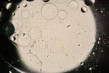 arasındaki etkileşimin su ve yağ, yağ kabarcıklar su yüzeyinde renkli irili ufaklı makro arka plan yumuşak defocusing ile soyut.