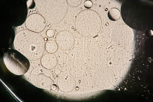 the interaction of water and oil, oil bubbles of various sizes on the water surface, gray and black abstract macro background with soft defocusing