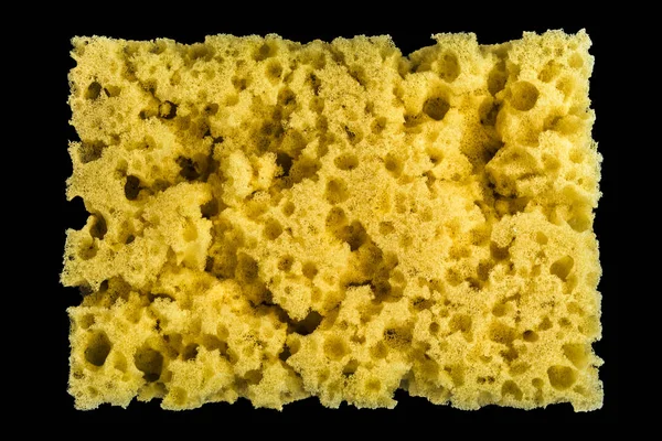 Ношенная Желтая Губка Мытья Посуды Черном Фоне Крупным Планом Абстрактный — стоковое фото