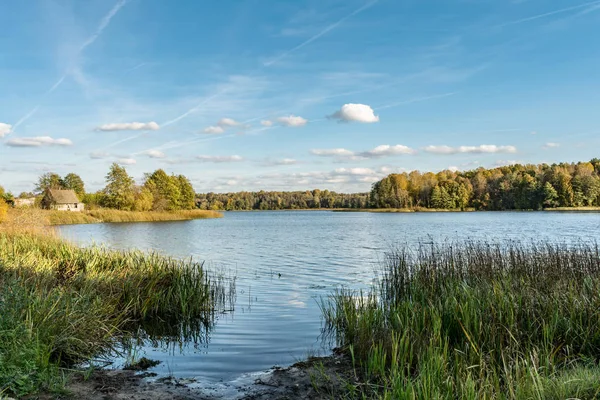 Lago Azul Con Orillas Cubiertas Hierba Árboles Paisaje Otoñal Con — Foto de Stock