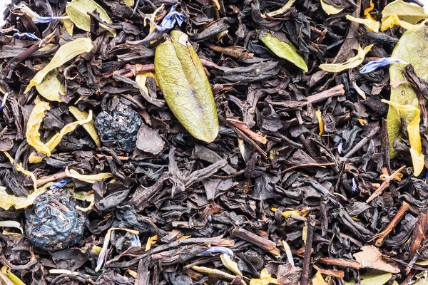 Texture Tisane Noire Sèche Avec Des Baies Des Feuilles Bleuets — Photo