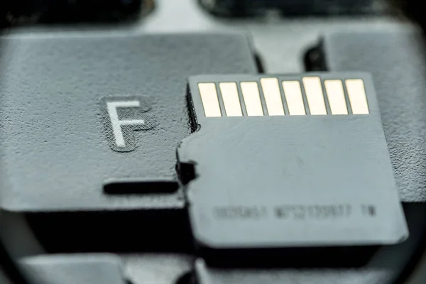 black micro sd card with gold contacts on the button with the letter F, selective focus, macro