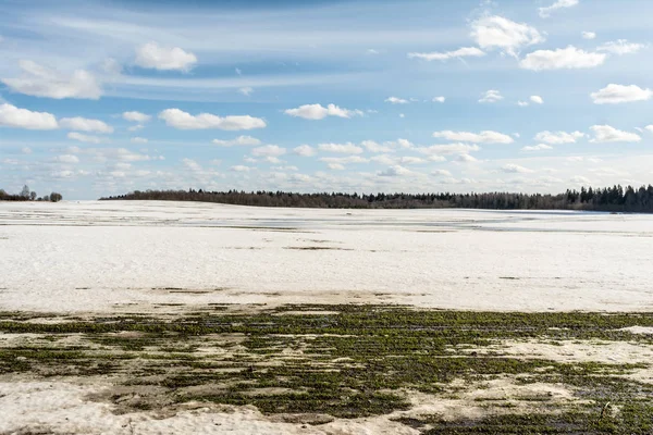 Patch descongelado no campo, campo de futebol ao ar livre nevado na primavera baixa temporada — Fotografia de Stock