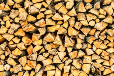 Woodpile. Yakacak odun bir woodpile yığılmış. Huş ağacı ahşap yakın mesafeden
