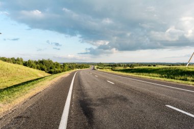 Yol işaretleme elemanları ile modern asfalt yol. Bir ormandan geçen iki şeritli otoyolun perspektif görünümü