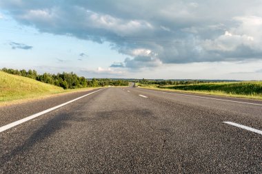 Yol işaretleme elemanları ile modern asfalt yol. Bir ormandan geçen iki şeritli otoyolun perspektif görünümü